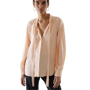 COS Tie Neck Light Peach Cupro Pussycat Blouse 12 button up long sleeve relaxed